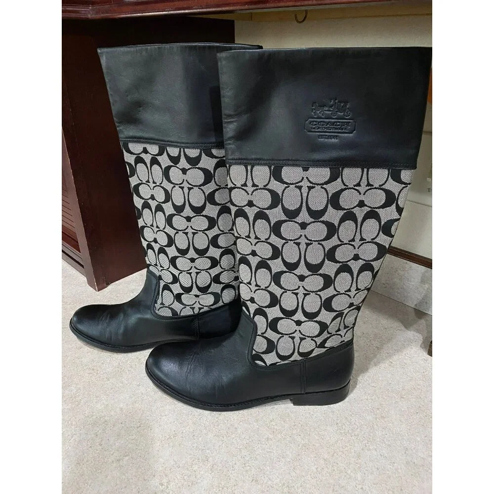 Coach Chrissi Black & Signature Canvas Riding Boots Womens Size 9.5